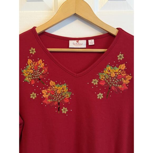 VTG Quacker Factory Shirt Womens M Embroidered Art To Wear Fall Leaves Cottage - Picture 3 of 10